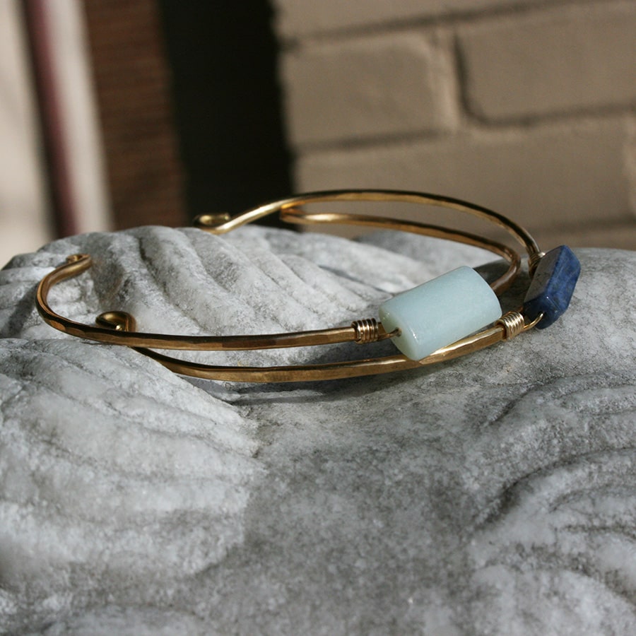 Hammered Brass Bangle With Amazonite And Lapis Lazuli
