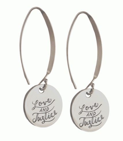sterling silver love and justice dangle earrings