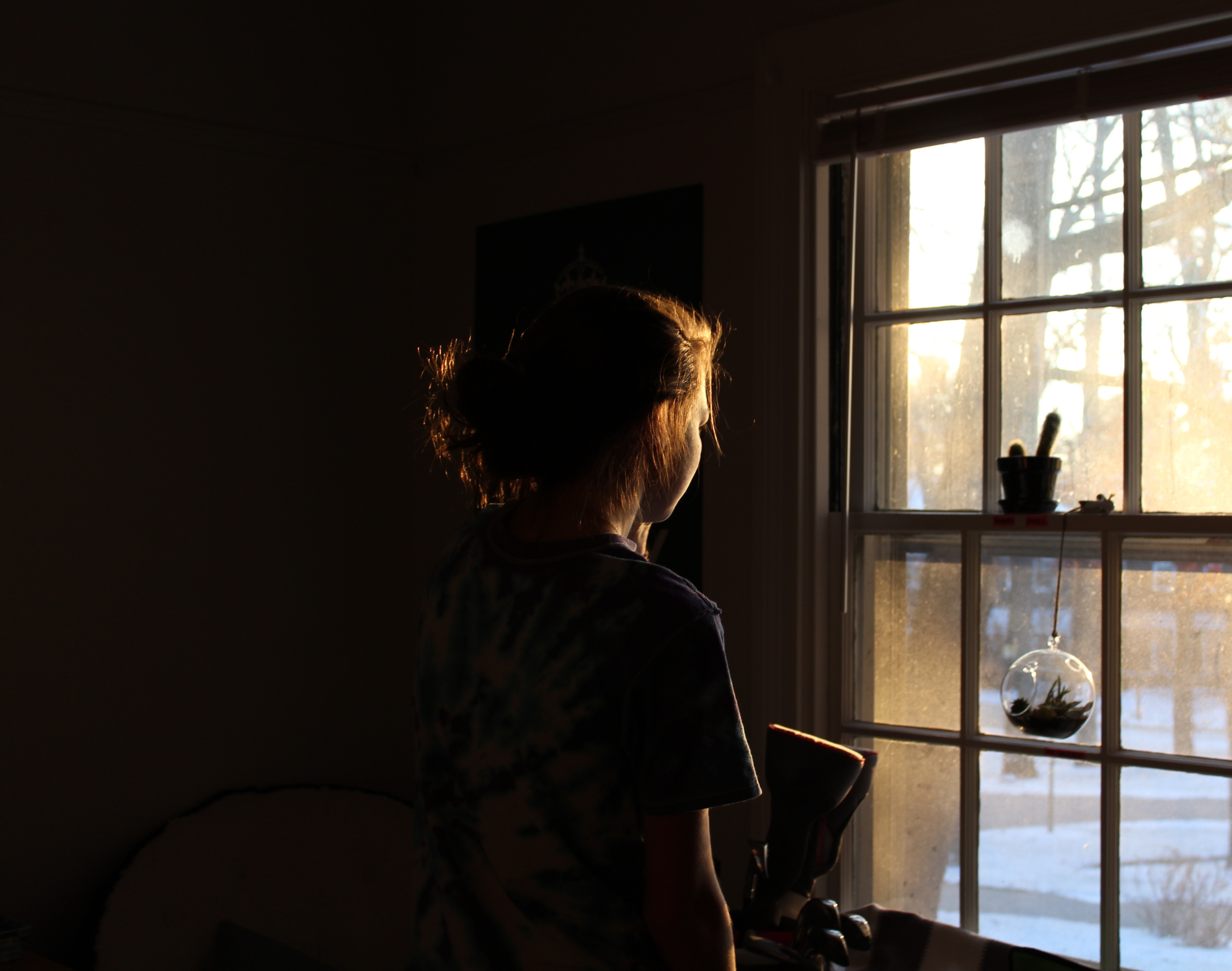 Silhouetted woman standing in a dimly lit room, gazing out a sunlit window, symbolizing isolation, hope, and the emotional struggle of human trafficking survivors.