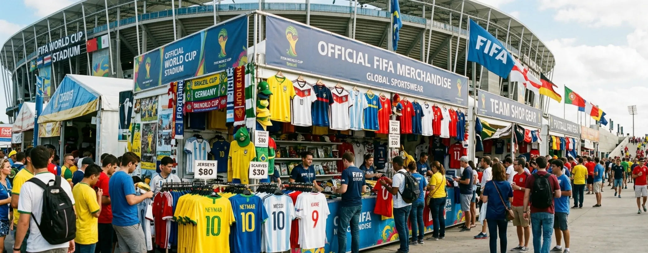 a line of booths selling FIFA merchandise outside a crowded football stadium generated by Made for Freedom 
