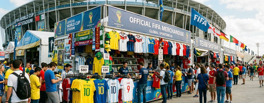 a line of booths selling FIFA merchandise outside a crowded football stadium generated by Made for Freedom 