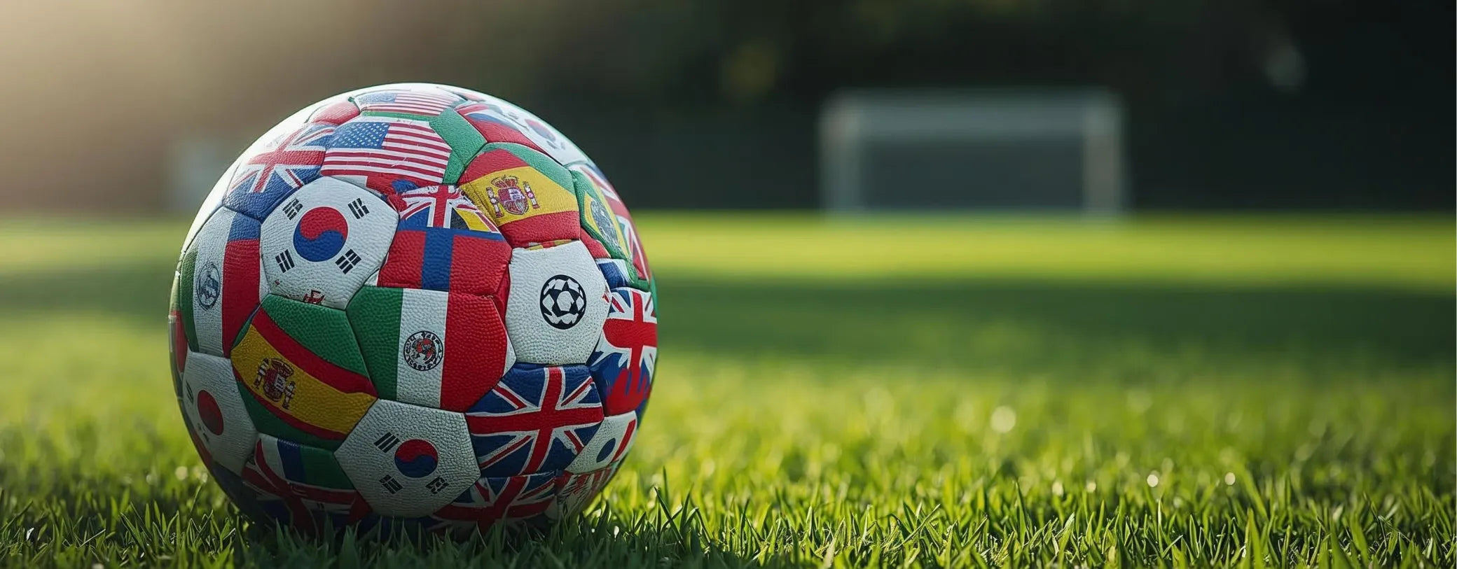 a football with different flags printed on it in the middle of a football field reposted by Made for Freedom