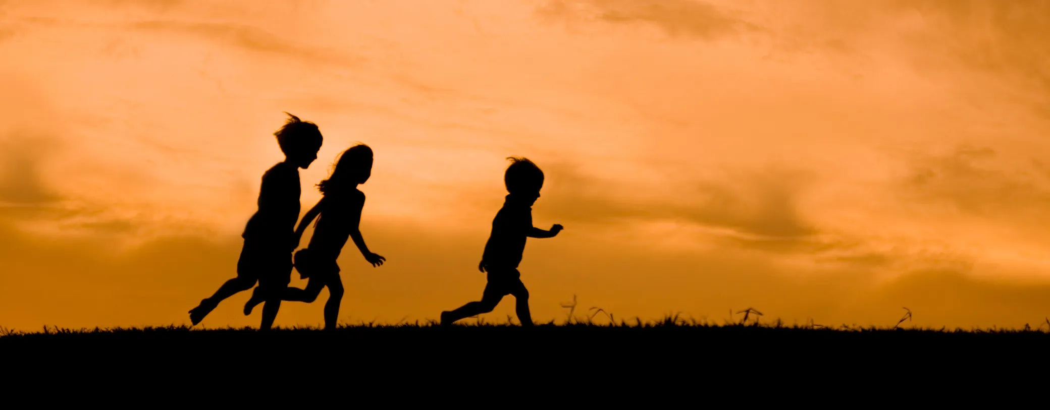 silhouette of children running through a field against orange skies reposted by Made for Freedom