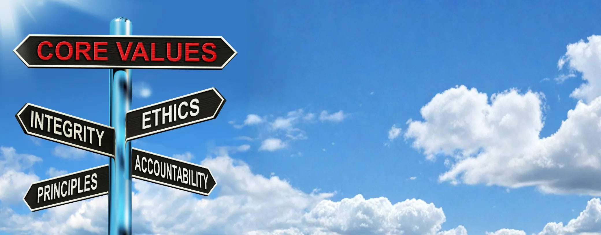 a street sign with the terms "core values", "integrity", "ethics", "principles", and "accountability" reposted by Made for Freedom