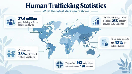 Human rights awareness visual showing solidarity against exploitation, used to represent global trafficking statistics.