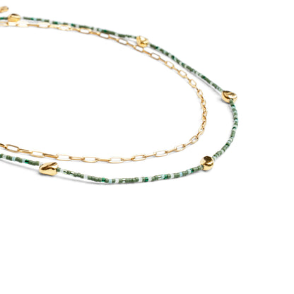 Garden of Eden - Green Beaded and Gold Chain Necklace Set