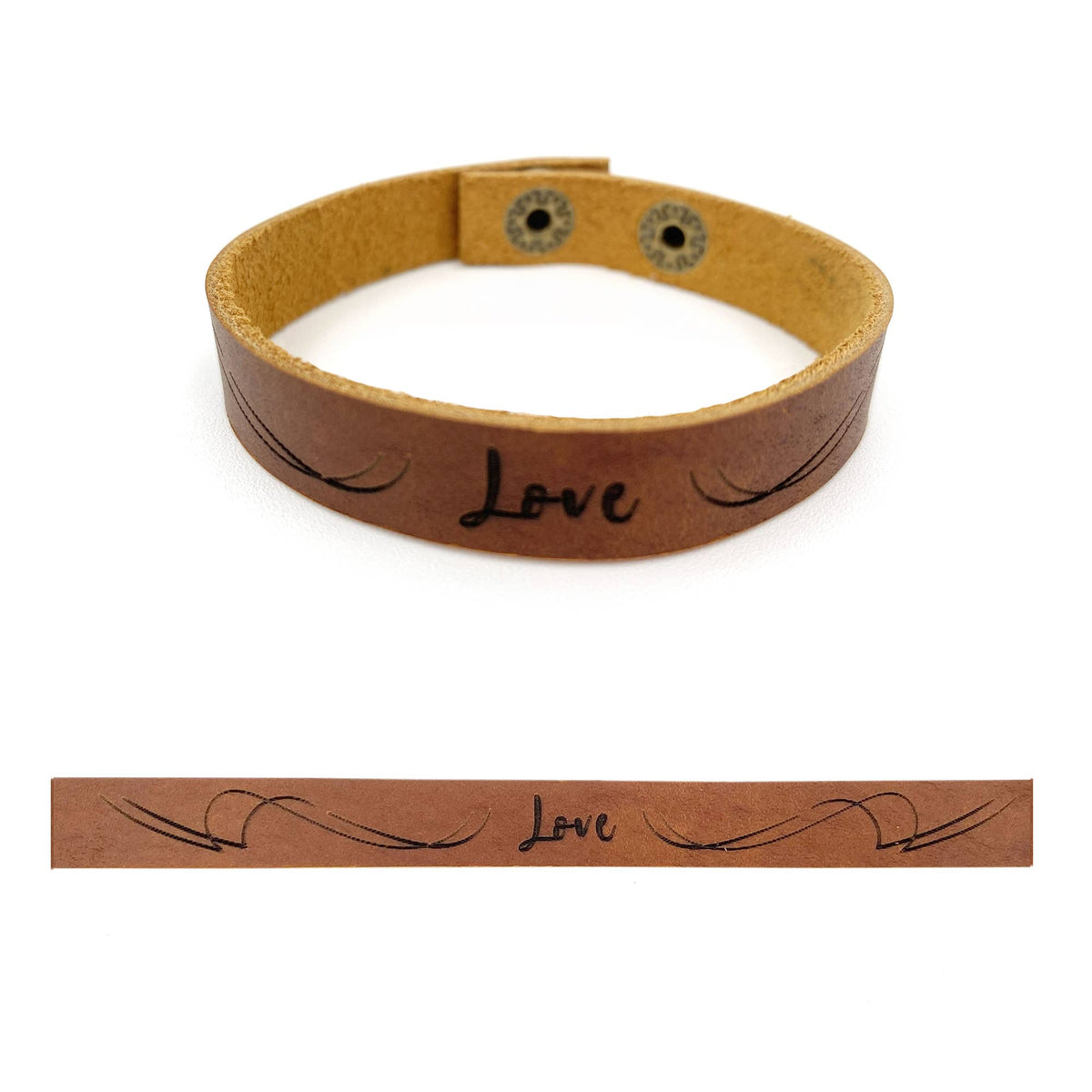 A brown leather bracelet with 'Love' hand-stamped in black script, shown in a circular view and a flat rectangular detail view against a white background.