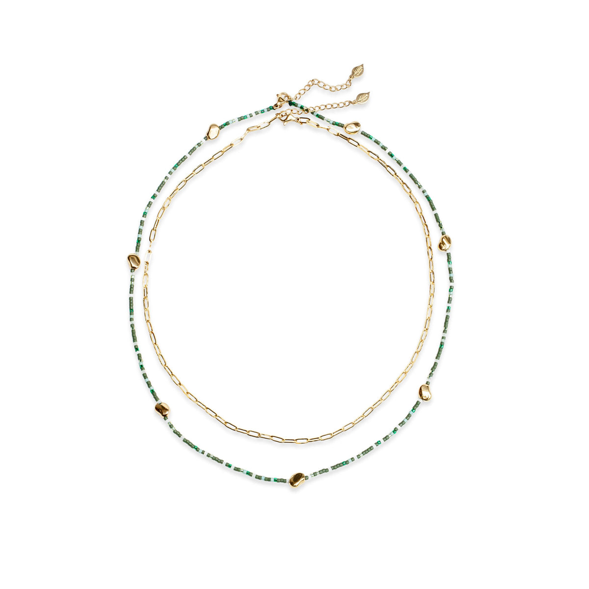 Garden of Eden - Green Beaded and Gold Chain Necklace Set