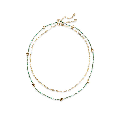 Garden of Eden - Green Beaded and Gold Chain Necklace Set