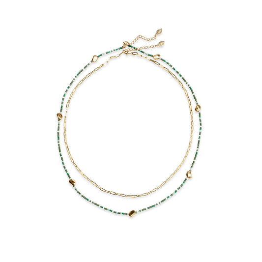 Garden of Eden - Green Beaded and Gold Chain Necklace Set
