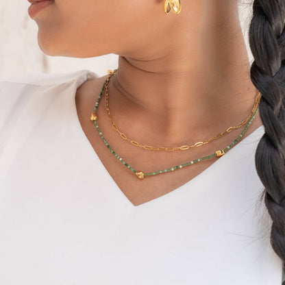 Garden of Eden - Green Beaded and Gold Chain Necklace Set