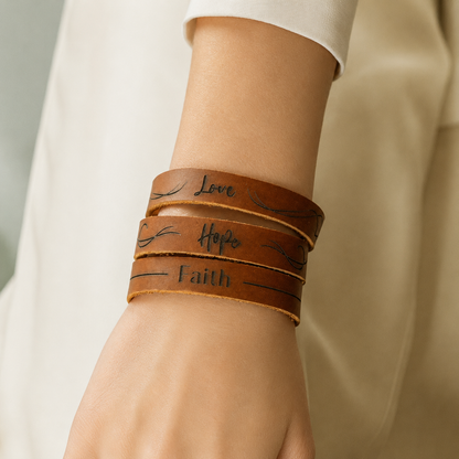 A close-up of a person's wrist wearing four stacked brown leather bracelets engraved with the words 'Love', 'Hope', and 'Faith' in black script.