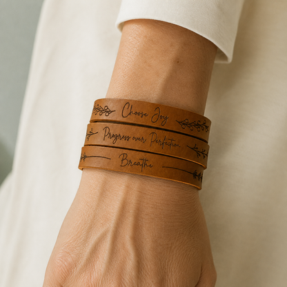 A close-up of a person's wrist wearing three stacked tan leather bracelets engraved with motivational phrases: 'Choose Joy', 'Progress over Perfection', and 'Breathe'.