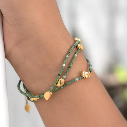 Garden of Eden - Green Glass Beaded Gold Layered Bracelet