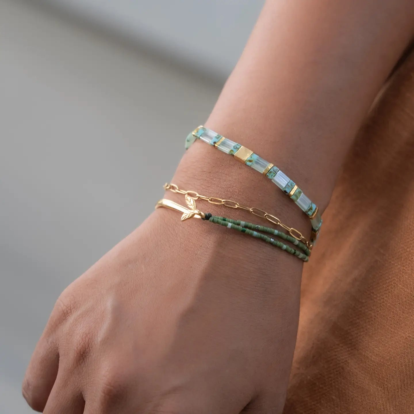 Grounded Hope - Green Beaded Half-Cuff Gold Bracelet