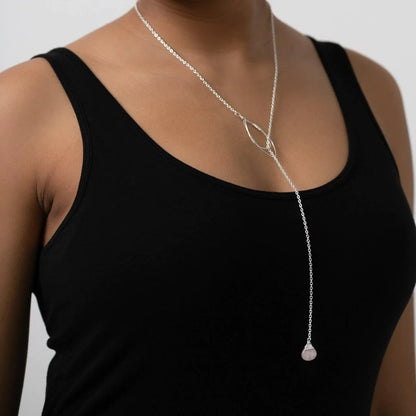 Lariat Necklace - Silver And Rose Quartz