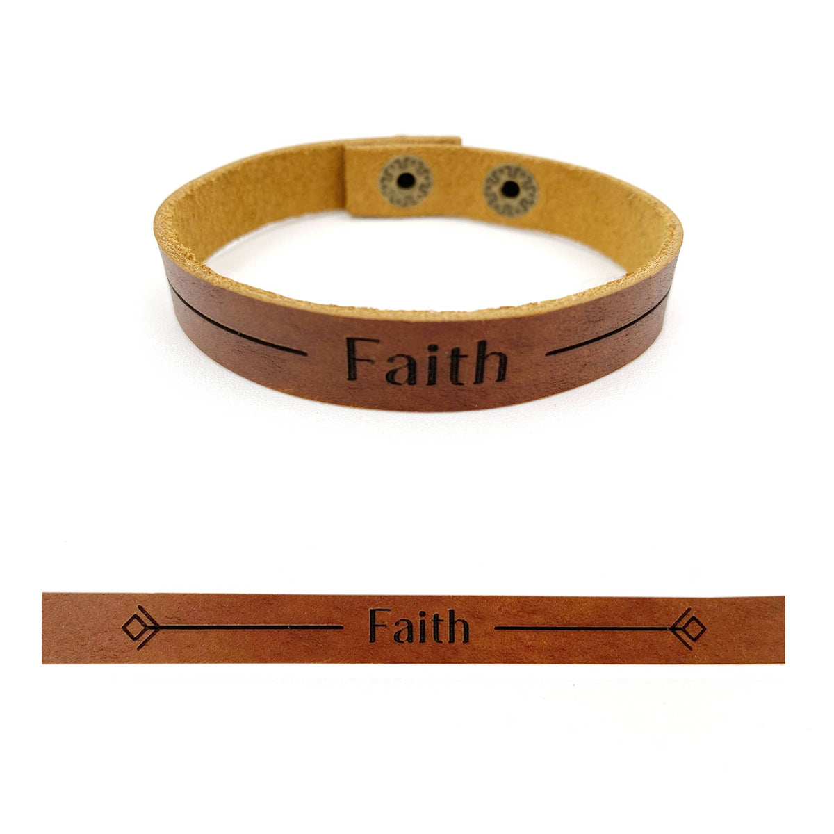A brown leather bracelet engraved with the word 'Faith' and decorative arrow-like symbols, shown on a white background with a smaller front view inset below.